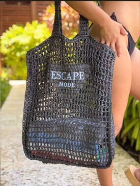Black Crochet Tote Bag with "ESCAPE MODE" Text